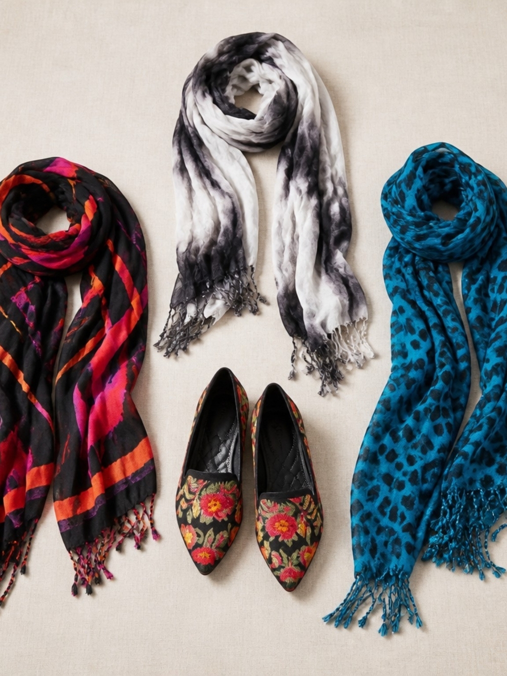 MIA Size 6.5 Floral Embroidered Flats + 3 Fashion Scarves Bundle Boho
